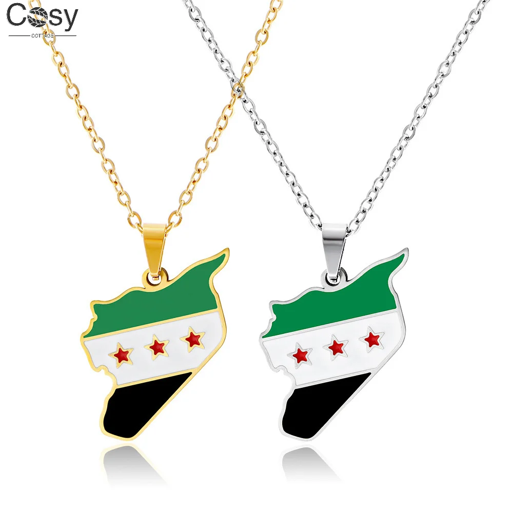 Peace in Syria Necklace, Stainless Steel Map Flag Pendant for Women and Men Gold Silver Color Charm Choker Syrians Jewelry Gift