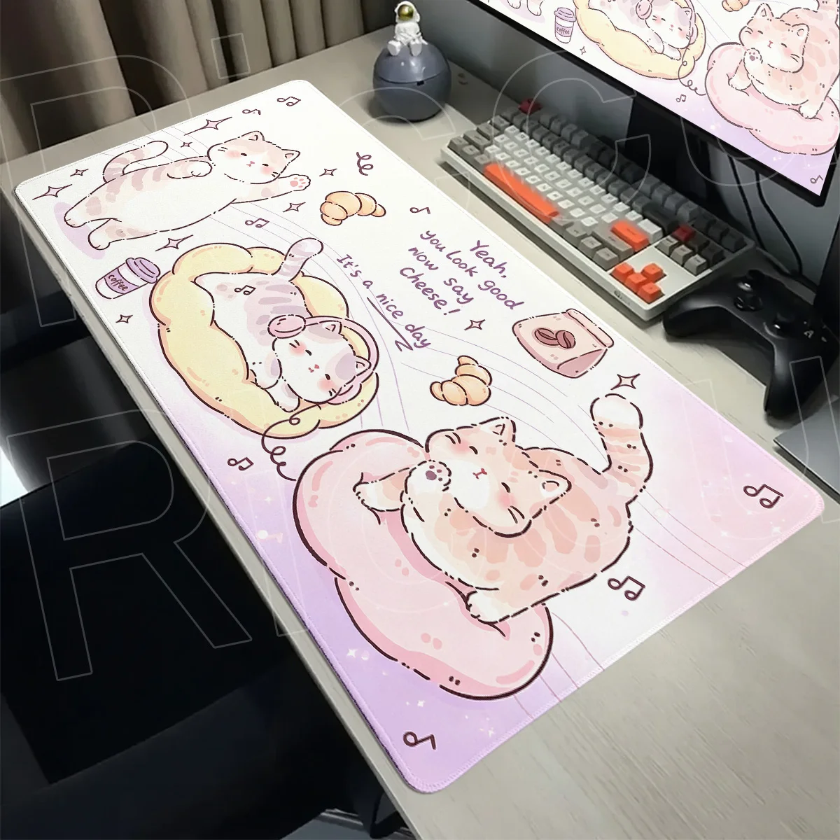 Large Computer Gaming Speed Keyboard Mat Ins Style Cute Coffee Cat Mouse Pad Anime Office Rug XXL Rubber Anti-slip Long Mausepad