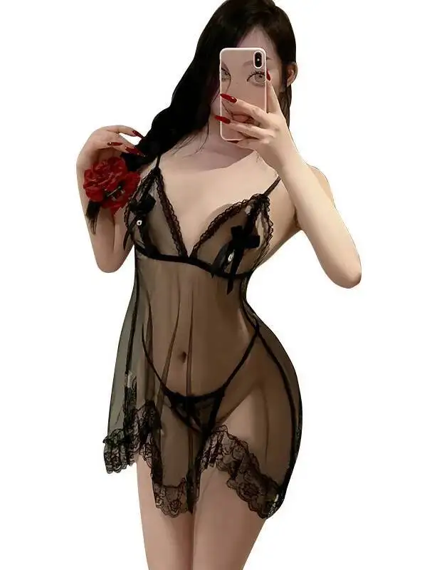 Elegante Sheer Sexy Kleid Spitze Sexy Nachthemd Mesh Bowknot Hohl Pure Desire Mädchen Sexy Transparent Tiefem V Ärmelloses Kleid KC2C