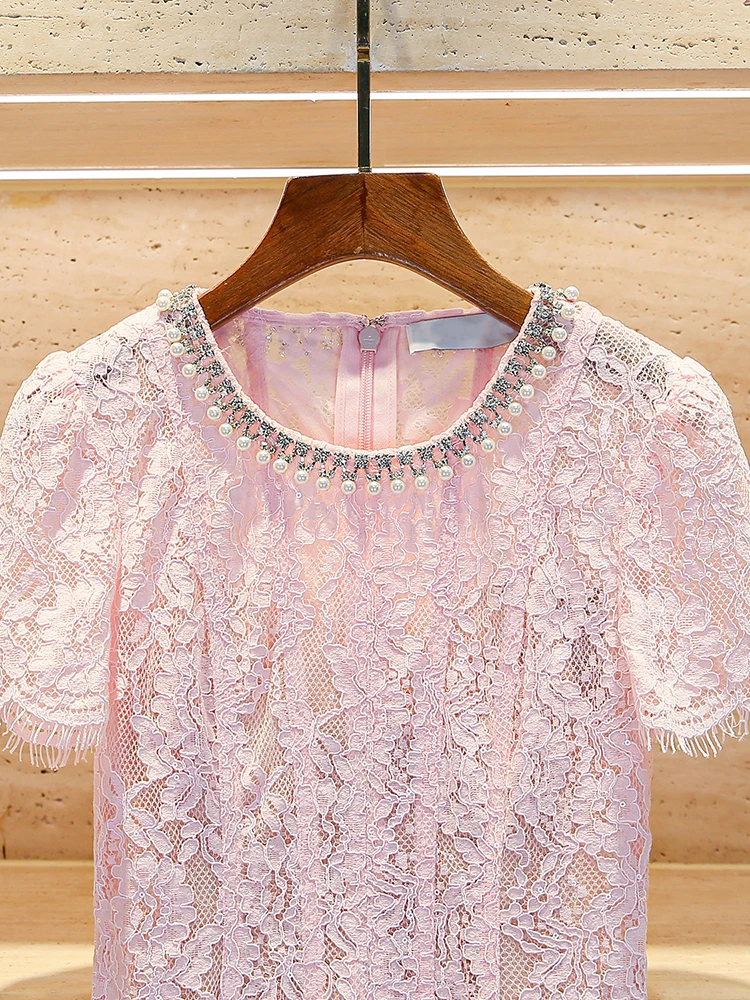 SP Home South Oil High End Women's Spring New Small Fraance Wind Diamond Embellied Waist Cinched Lace Dr