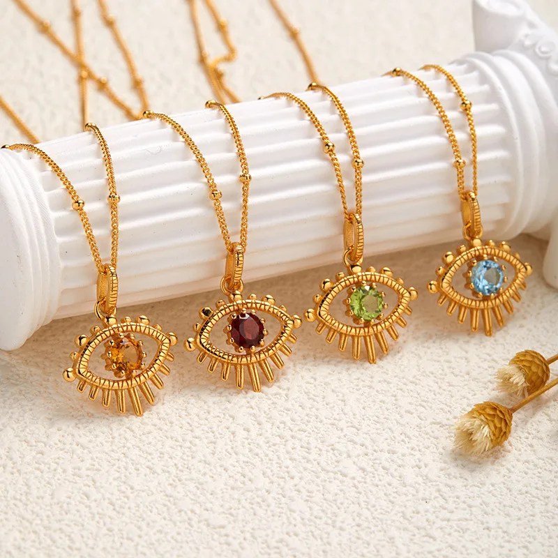

Hot Selling Magic Eye Gemstone Jewelrys925Silver Inlaid Natural Garnet Topaz Gemstone Necklace Wholesale