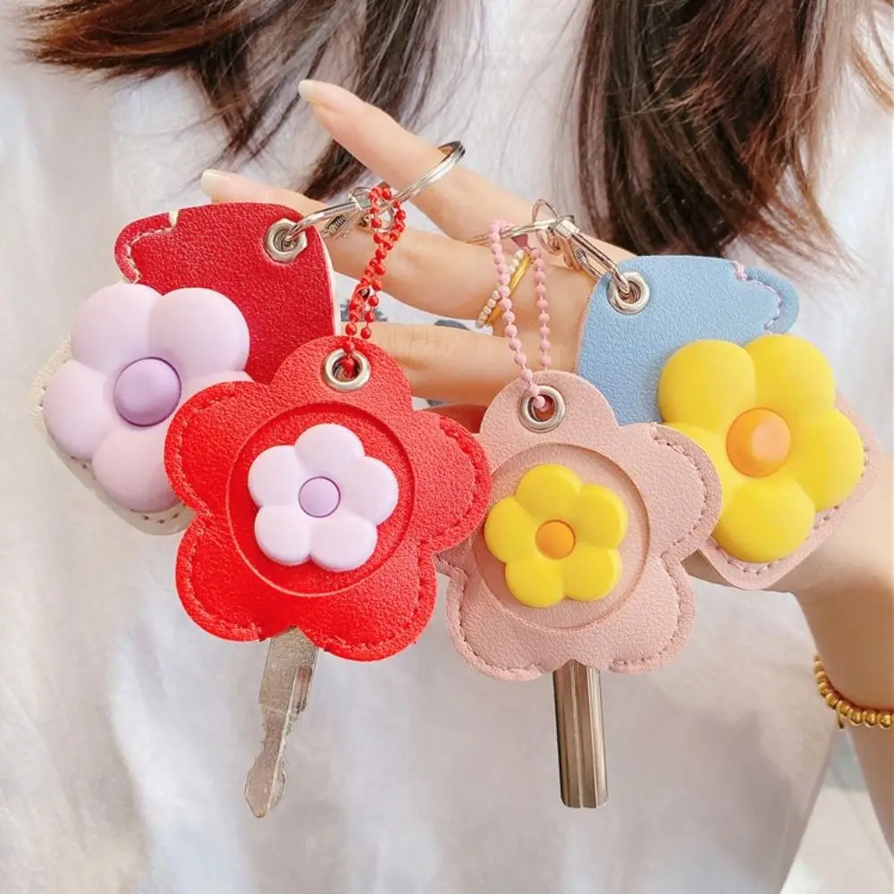 Cartoon Protective Case Flower Keychain Cute Creative Flower Key Cover Cap Soft Pendant Access Card Holder Car Key Pendant