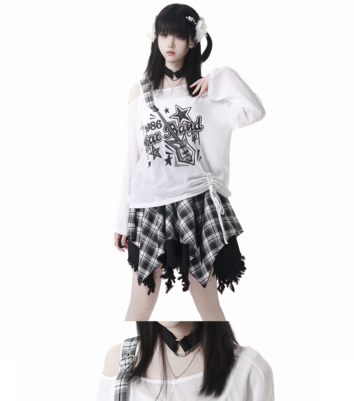 Japanese Girl's Sweet Cool Kawaii Plaid Skirt Set Summer New Student Y2k Printed Long-sleeved Top T-shirt Irregular Skirt Set