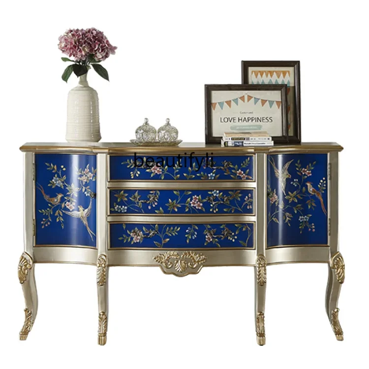 

European-Style Painted Sideboard Cabinet Living Room Entrance Cabinet Hallway Light Luxury Solid Wood Home Curio Cabinet