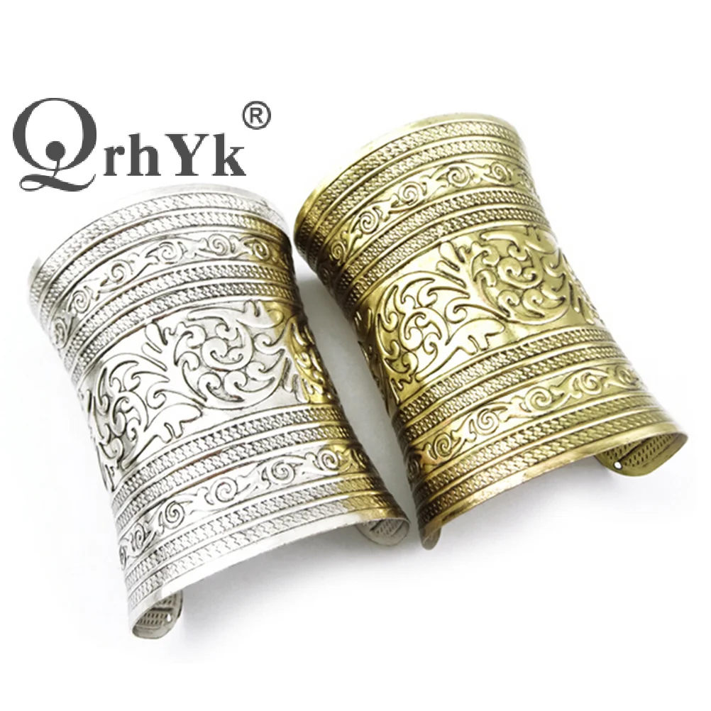 Antique Tibetan punk rock vintage gold silver plated carving open end cuff arm womens bangle bracelet armlet jewelry