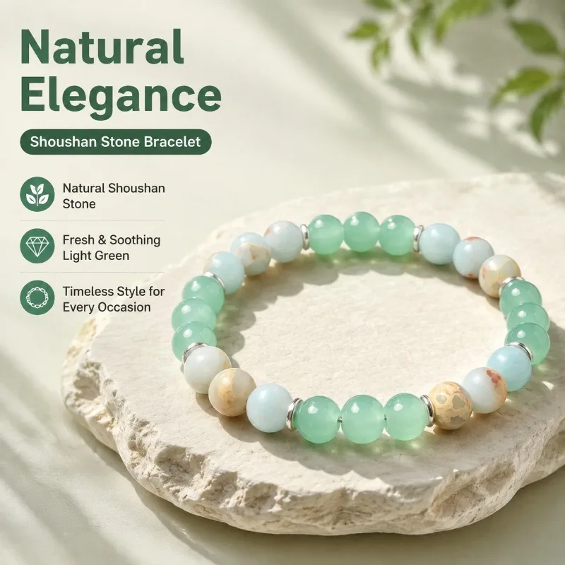 Shoushan Stone Light Green Round Beaded Bracelet Fresh Color Contrast Bracelet Jewelry