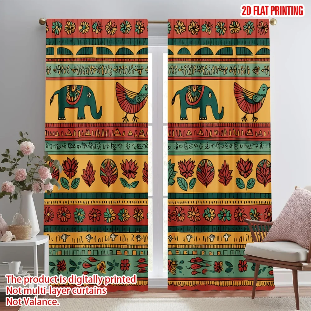 

2D flat printing 2pcs Window Drapes Elephants and Birds Stripe Digital Printed Polyester Drapes Seasonal Party & Holiday Decor