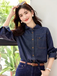 Women Denim Shirt 2024 Autumn New Fashionable Retro Turn-down Collar Long Sleeve Blouse Loose Temperament Top