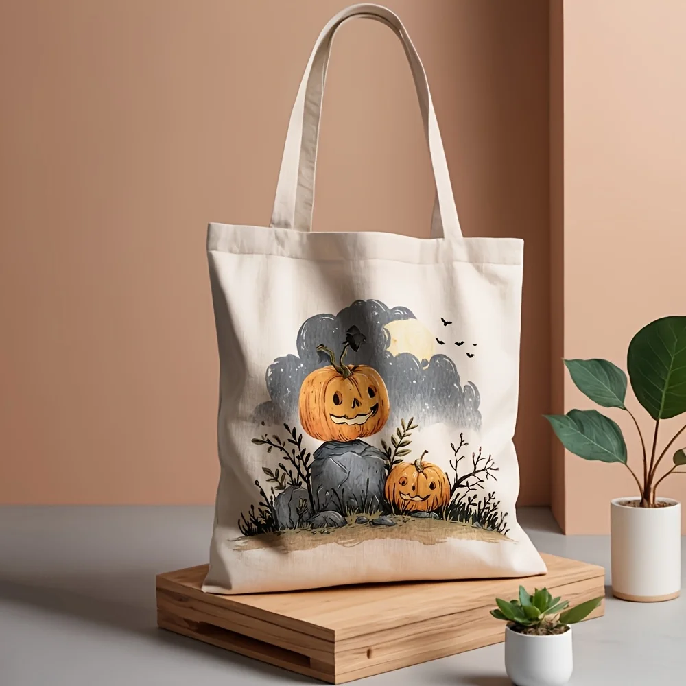 Watercolor Jack O Lantern Shoulder Bag Moonlight Night Sky Print Spooky Fall Carry Bag Suitable for Daily Commute Halloween Gift