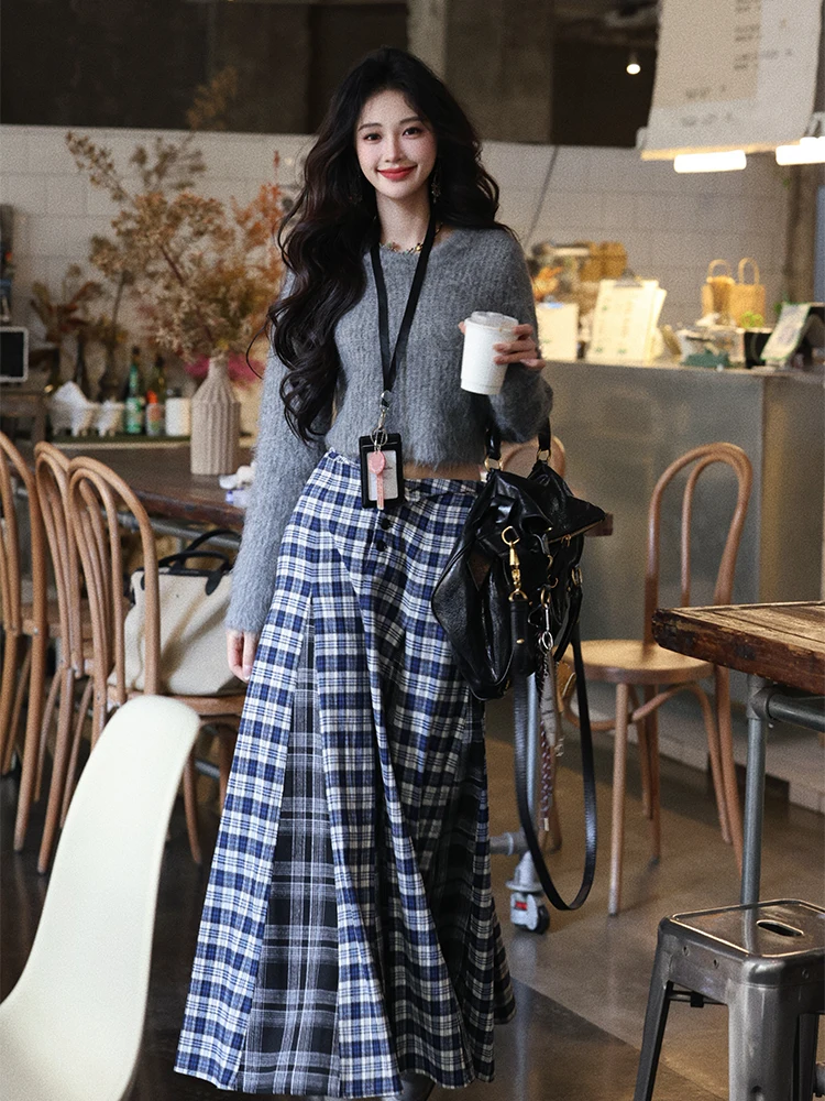 

ort Bear Velvet Knitted Sweater round Ne Plaid Splicing Long Autumn Winter Women's Soft Comfortable Fit Sle Commute Fas...