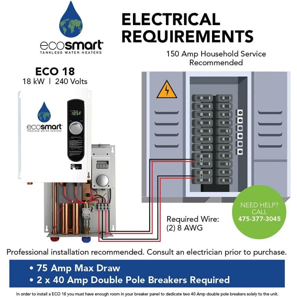 Aquecedor de água elétrico sem tanque, 18 kW a 240 Volts, com tecnologia patenteada de auto modulação, 17x14x3.5