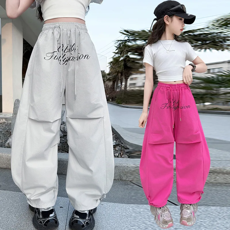 2025 Summer Loose Retro Tweens Girls Cargo Pants with Letter Pattern  Kids Streetwear Baggy Pants Child Hiphop Cool Trousers