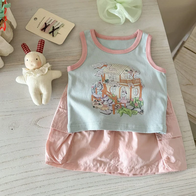 

Girls' Summer New Fashionable Cartoon Color Block Vest with Lace Comfortable Work Dress Sweet Set