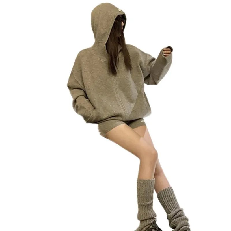 طقم نسائي رمادي للربيع والخريف بسيط للاسترخاء سترة صوفية محبوكة بقلنسوة + شورت طقم مكون من قطعتين #6