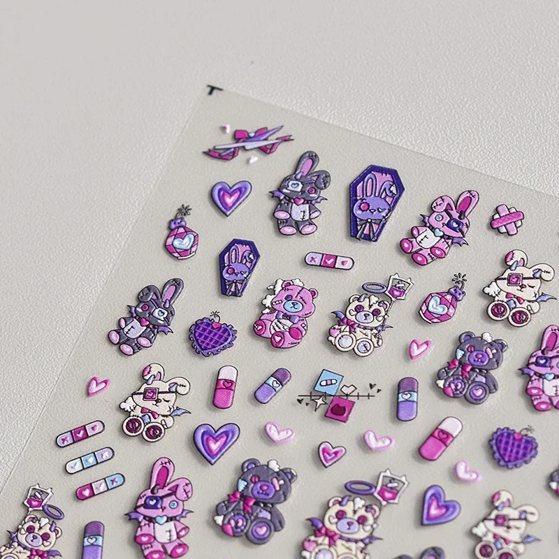 Darkness Blue Purple Bunny Bear Capsule Drug Wound Heart Rabbit Black Magic 3D Self Adhesive Nail Art Sticker 5D Manicure Decals