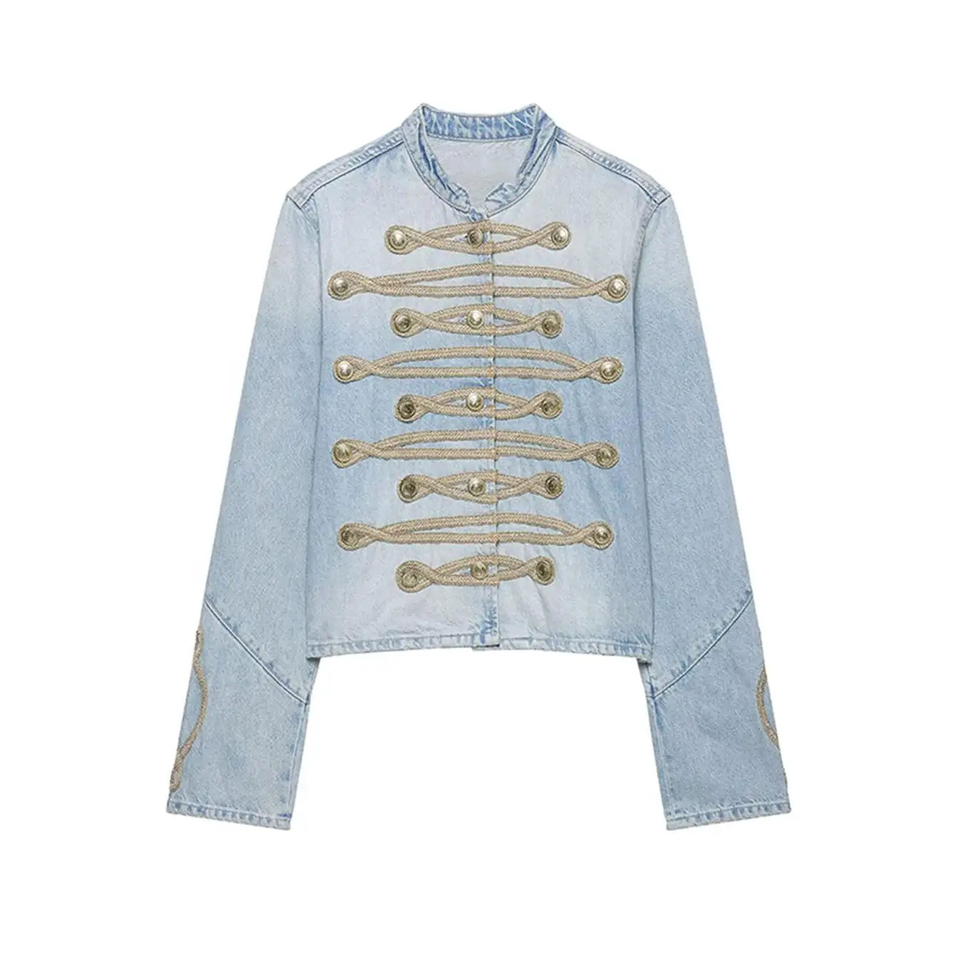 TFMLN Neue Damen-Cropped-Jeansjacke Vintage Langarm Knopfverzierung Schmaler Schnitt Eleganter Militärstil Streetwear – Detail 2