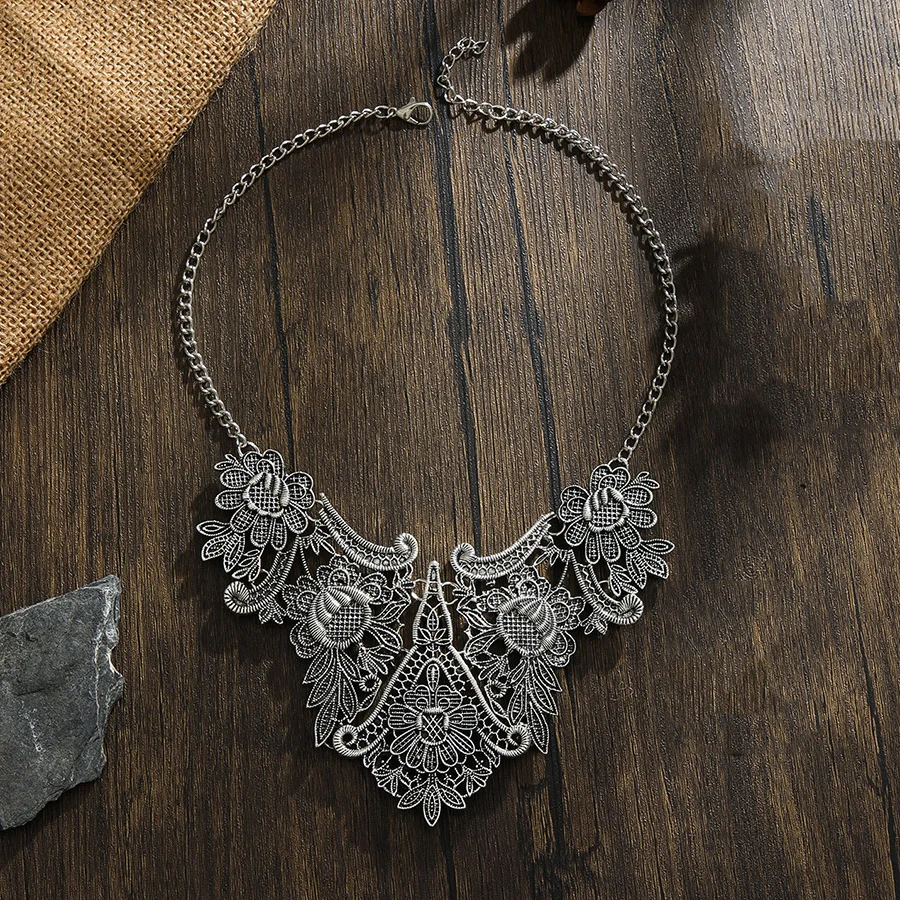 LZHLQ Vintage Hollow Flower Necklaces Metal Sweater Necklace Women Elegant Pendant Clavicle Chian Jewelry Statement