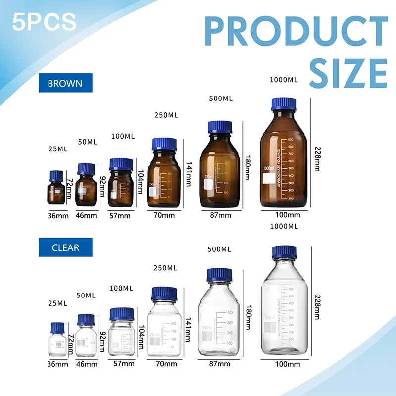 5pcs 25-1000ml Media Storage Glass Bottles Borosilicate Scientific Round Graduated Media Bottle with Blue Gl45 Screw Cap for Lab