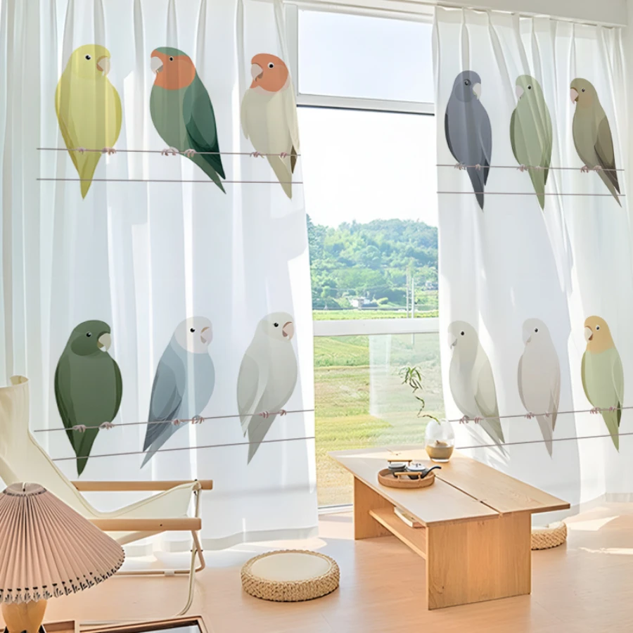 2PCS Digital Print Sheer Curtain, Two Rows Parrots, Modern Minimalist Window Curtains for Living Room Bedroom Home Decor