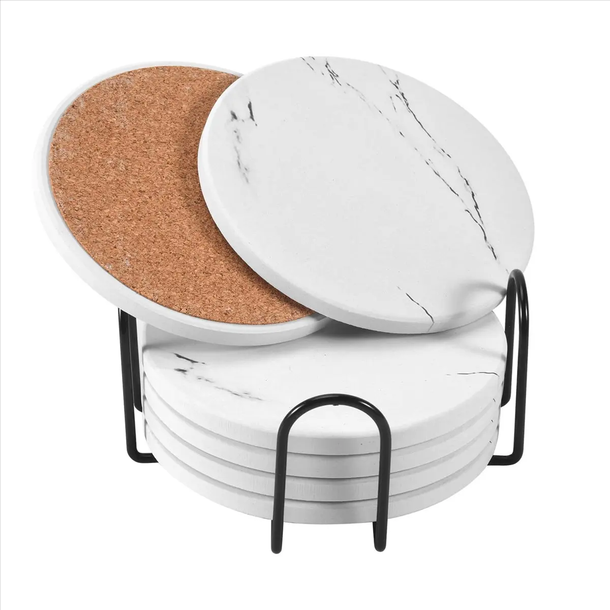 A56K Coasters for Drinks, Ceramic Stone Coaster Set with Metal Holder Stand, Cork Base, Marble Pattern Set of 6 White