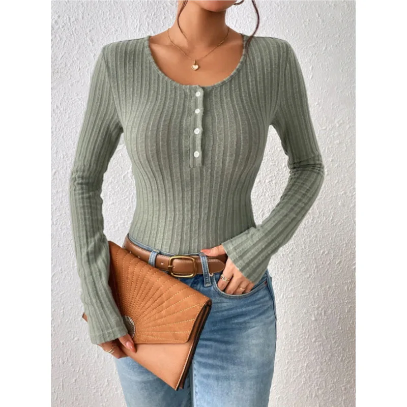 2023 New Autumn Fashion Solid Color Pit Stripe Fleece Button Panel Long Sleeve Temperament Casual Women\'s Slim Fit Sweater