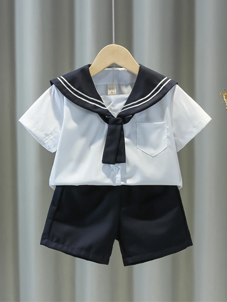 Cute Children's JK Uniform Set School Style Unisex Baby Spring Autumn Fashionable Navy Collar Shirt Two Piece Set Baby Outfit