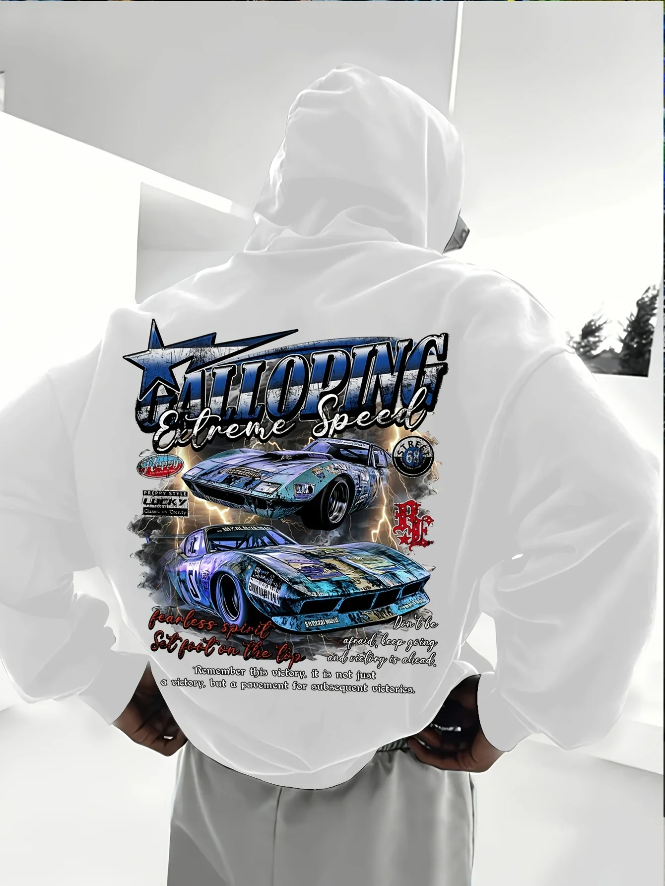 Retro American Racing Car Hoodie Galloping Extreme Speed Slogan Back Graphic Pullover Unisex Oversized Hoodie