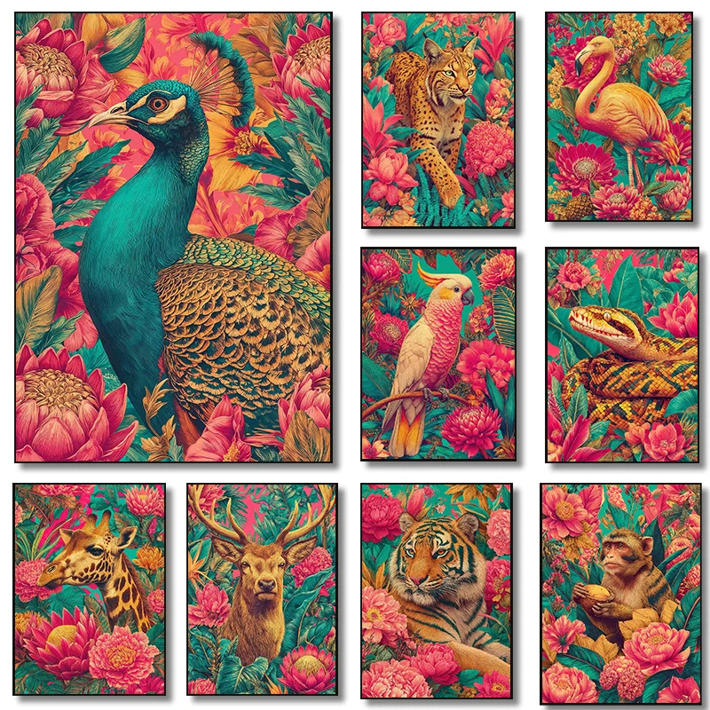 Vibrant Animals Tropical Royalty Posters Lush Floral Arrangement Peacock Modern Prints Canvas Wall Art Pictures Home Room Decor