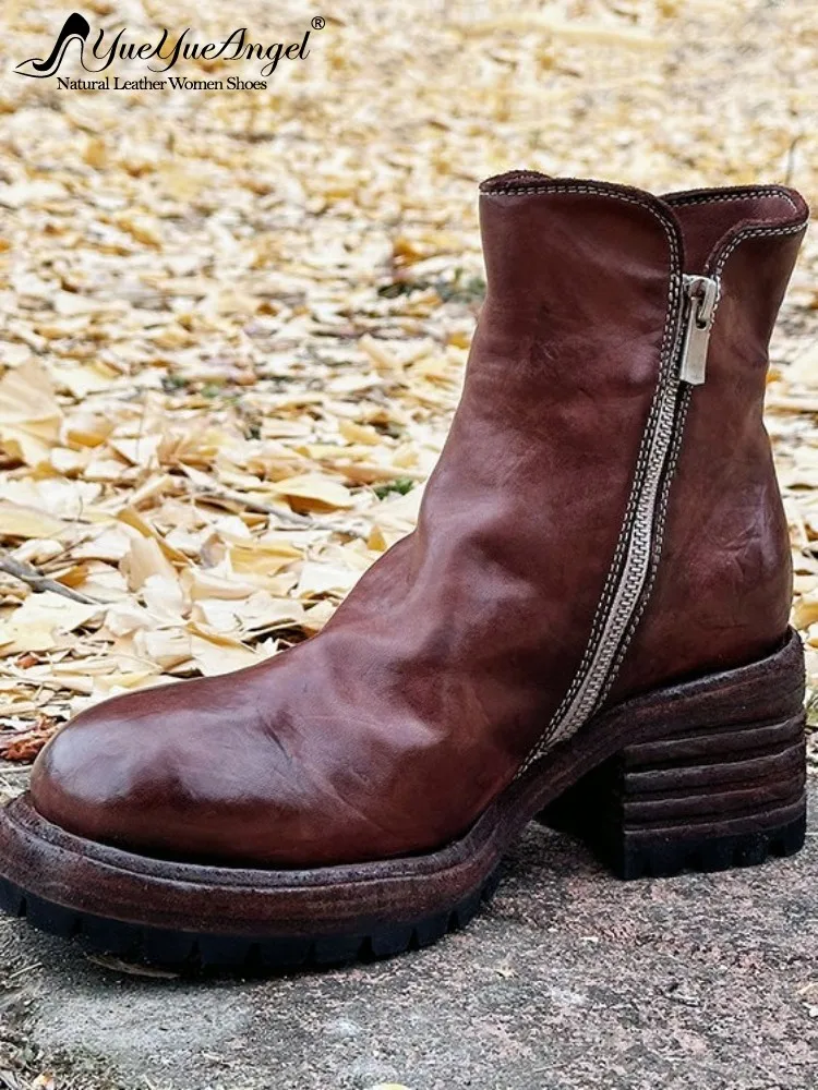 Vintage Women Genuine Leather Boots Winter Warm Wool Liner Ankle Boots Zipper Round Toe Chunky Heels Handmade Motorcycle Shoes