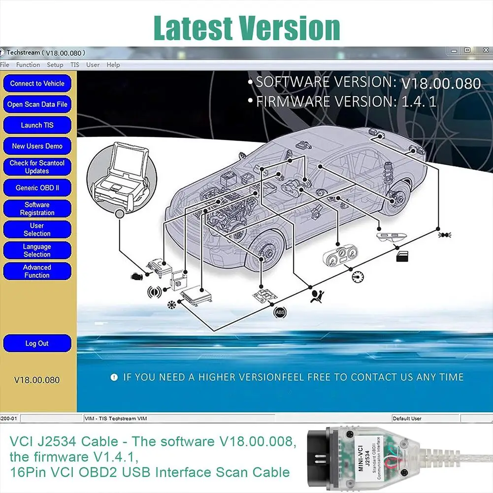 MINI VCI J2534 OBD2 Car Diagnostic Cable OBD2 Firmware V1.4.1 16 Pin VCI OBD2 USB Interface Scanning Cable for Toyota