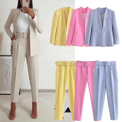 KONDALA-trajes de oficina para mujer, color Beige, manga larga, cuello en V, chaqueta de gran tamaño + pantalones de pierna ancha de cintura alta, conjuntos Vintage de moda 2025