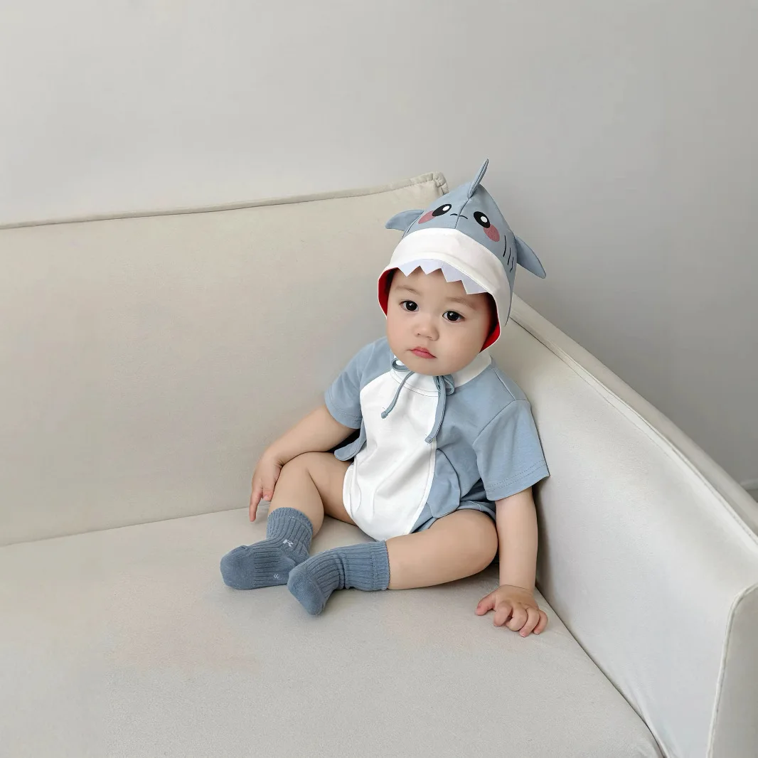 

Shark Print Rompers 2025 Summer Korean Casual Cute Cartoon All-match Short Sleeved Shirt Rompers Kids Clothes