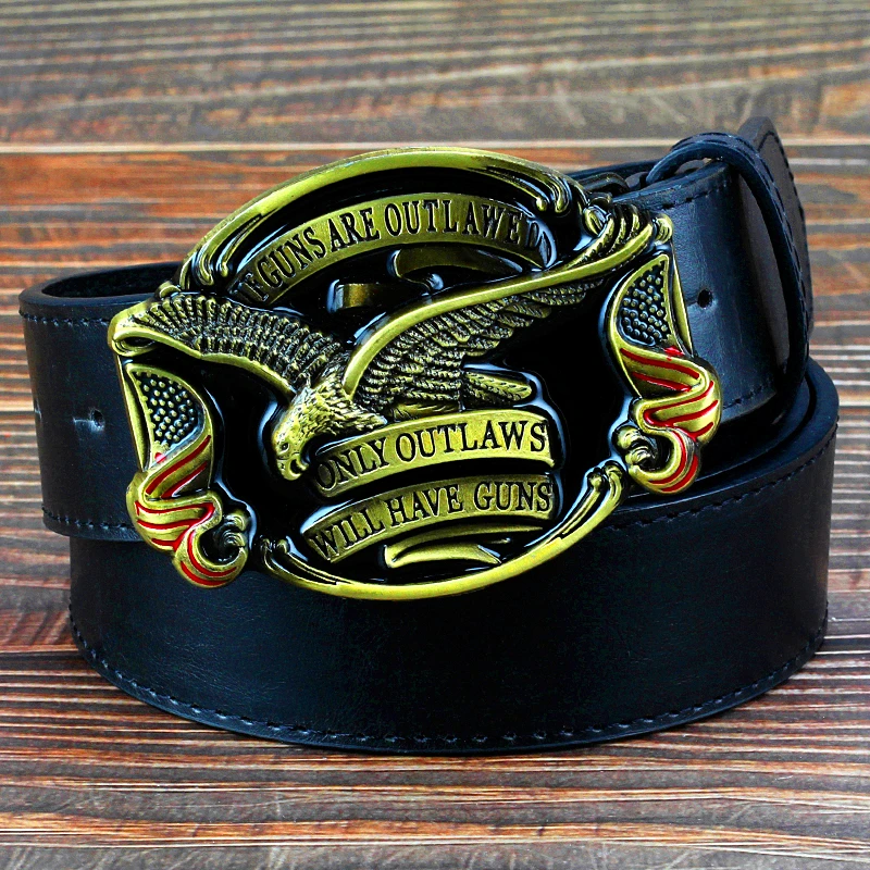 Mode hommes jean ceinture aigle doré pistolet américain drapeau de la loi faucon emblème américain ont des armes lettre boucle Cowboy ceinture