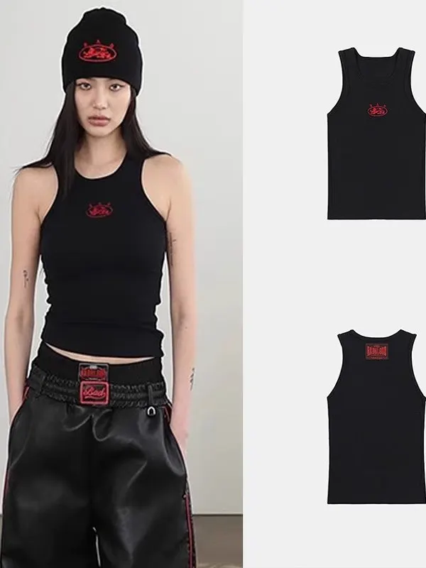 

Американский стильный хлопковый жилет с вышивкой букв, женский черный топ, модная уличная одежда для ношения как внутри, так и снаружи