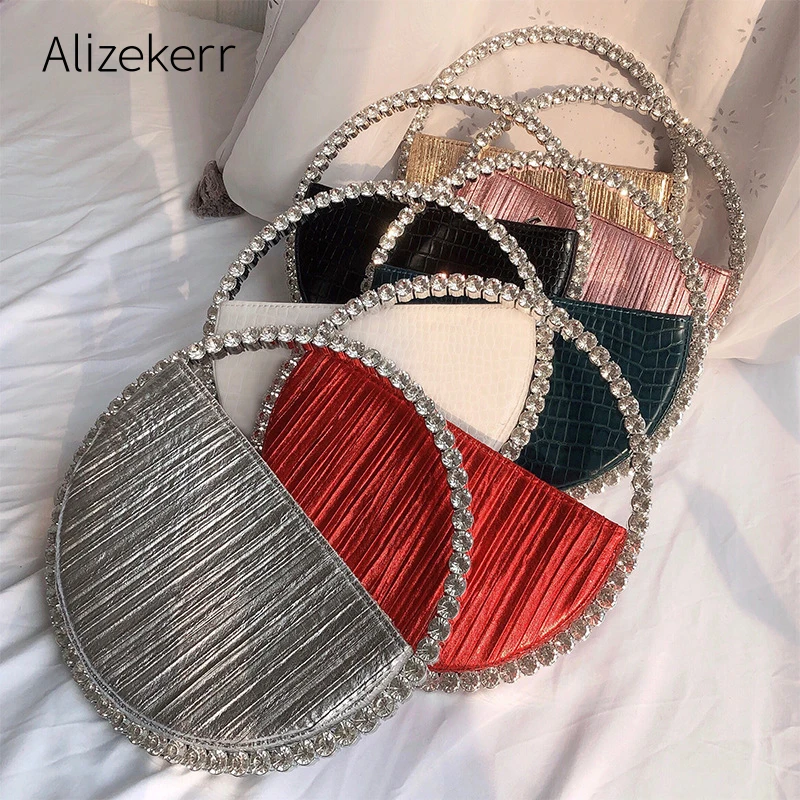 Rhinestone Circular Handle Evening Bag Women 2020 New Elegant Designer Diamonds Round Red Clutch Purse Ladies Chic Handbag Party