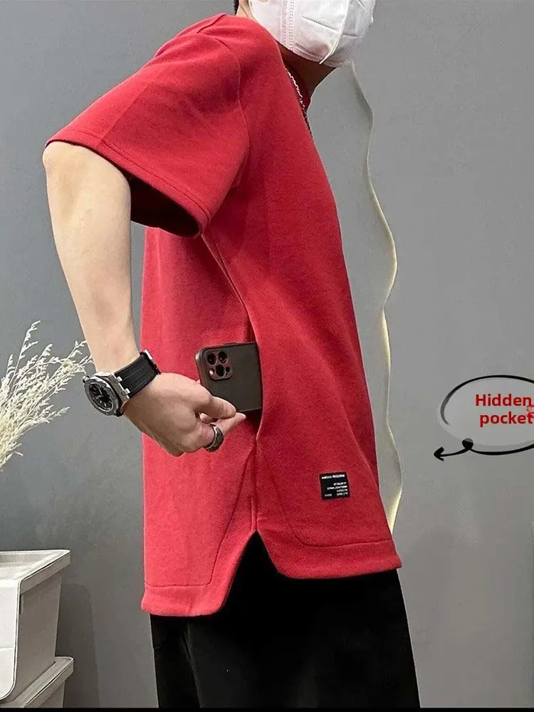 Loose Fit Men's Short Sleeve round Neck T-Shirt plus Size Hidden Pocket Heavyweight Waffle Cool Breathable Summer T-Shirt