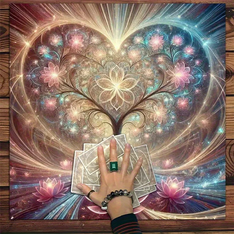 1pc Heart‑Shaped Tree of Life Altar Cloth, Glowing Lotus Floral Print, Spiritual Tarot Tablecloth, Boho Decor Mat