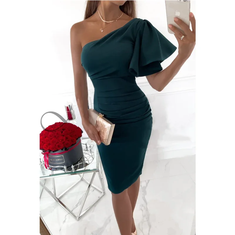 Tight Evening Party Midi Sheath Dress Fashion One Shoulder Ruched Women Elegant Bodycon Dress