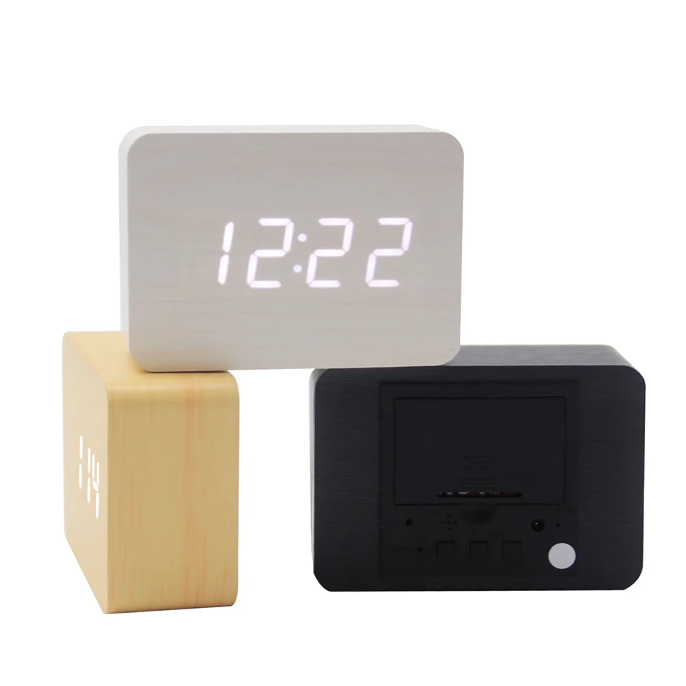 

Digital Wooden Clock Led Display Time Temperature Day Table Alarm For Home Office Bedroom White Wood No