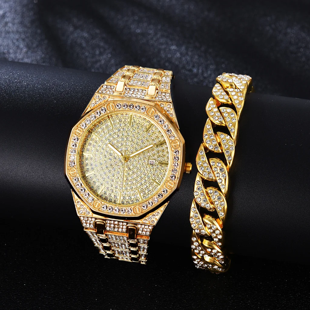 Orologio da donna Top Brand for Men Luxury Iced Out Gold Set Gifts orologio da polso al quarzo Hip Hop coppia orologi Relojes Para Mujer