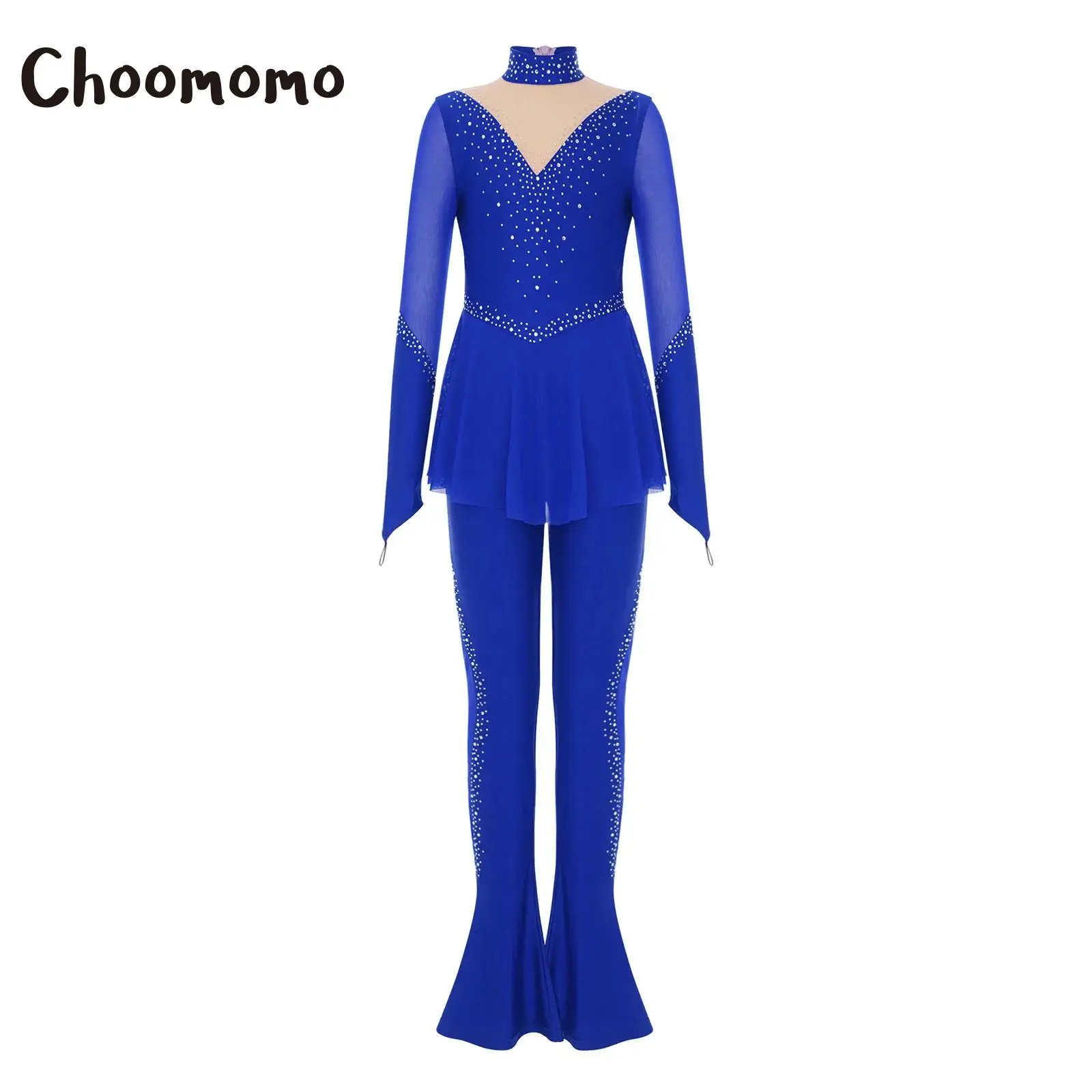 

Kids Figure Skating Jumpsuit Performance Costume with Sheer Mesh Rhinestones Romper Long Sleeves And Bell Bottom Peplum Leotard