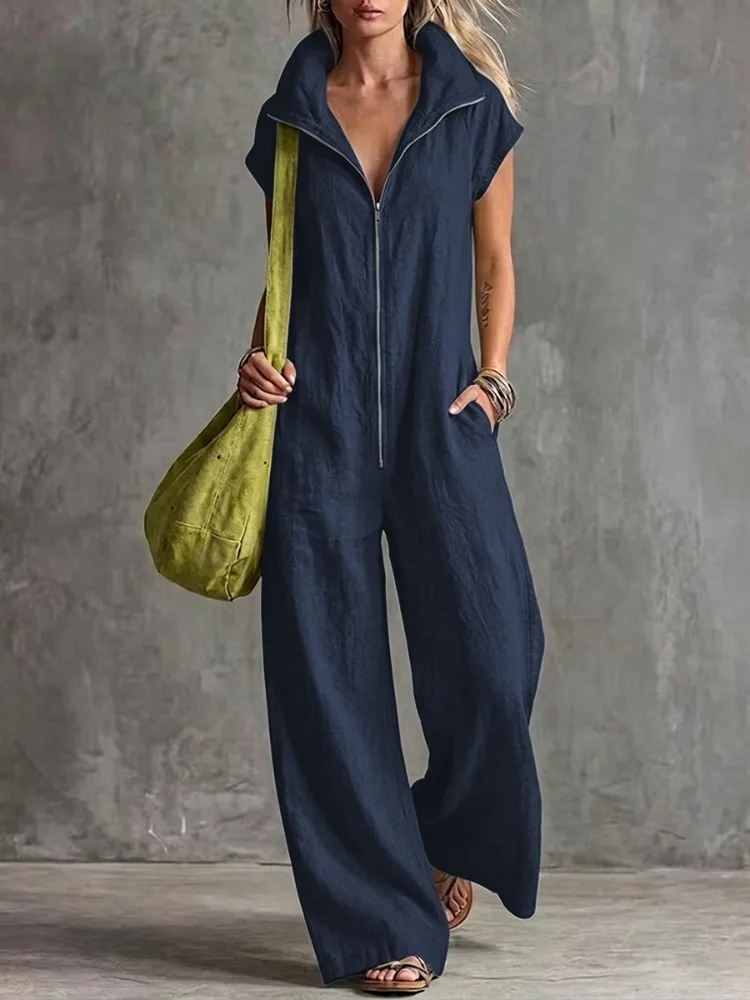 UOOZEE Women Linen Blend Solid Color Jumpsuit Stand Collar Half Zip Cap Sleeves Loose Pockets Wide Leg Casual Overalls