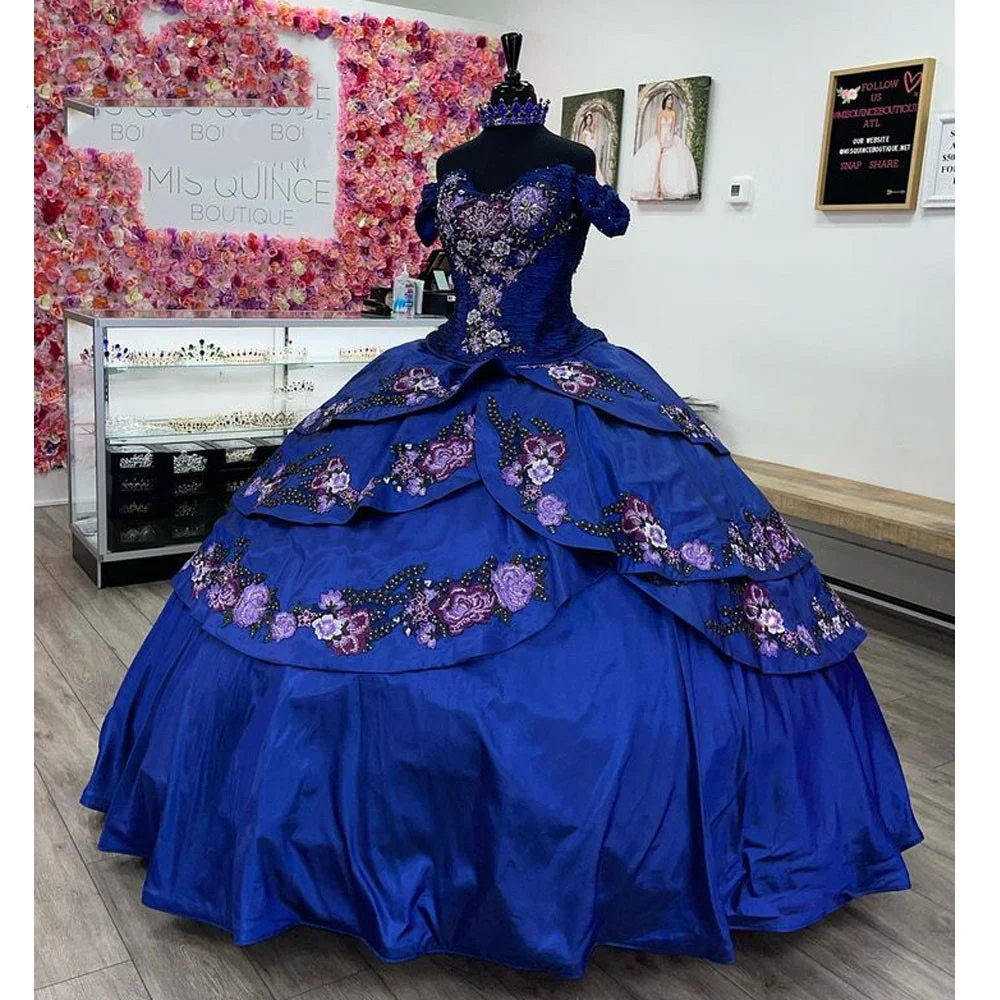 

Королевские синие пышные платья Quinceanera, бальное платье с открытыми плечами, аппликации из бисера, мексиканские сладкие платья 16, 15 Anos по индивидуальному заказу