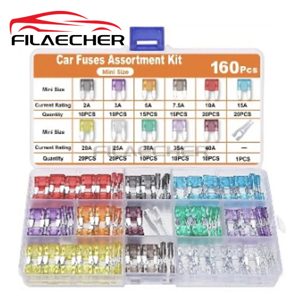 

Комплект автомобильных предохранителей, 160 шт., мини-предохранители, 2A-40A, смешанная упаковка с футляром для хранения и съемником предохранителей — автомобильный набор для автомобилей, грузовиков, автодомов