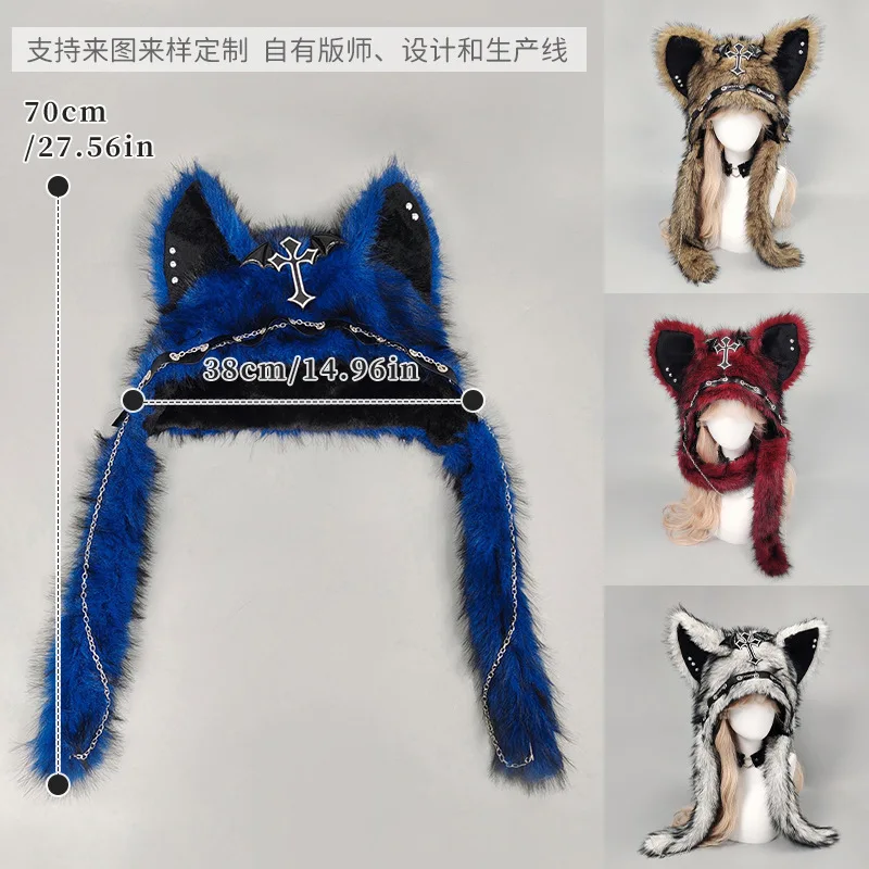 Gothic Punk Cat Ear Hat met kruisvleugelketting Decoratie Pluche warme wintermuts Alternatieve meisjes Y2K Rock Music Festival Party