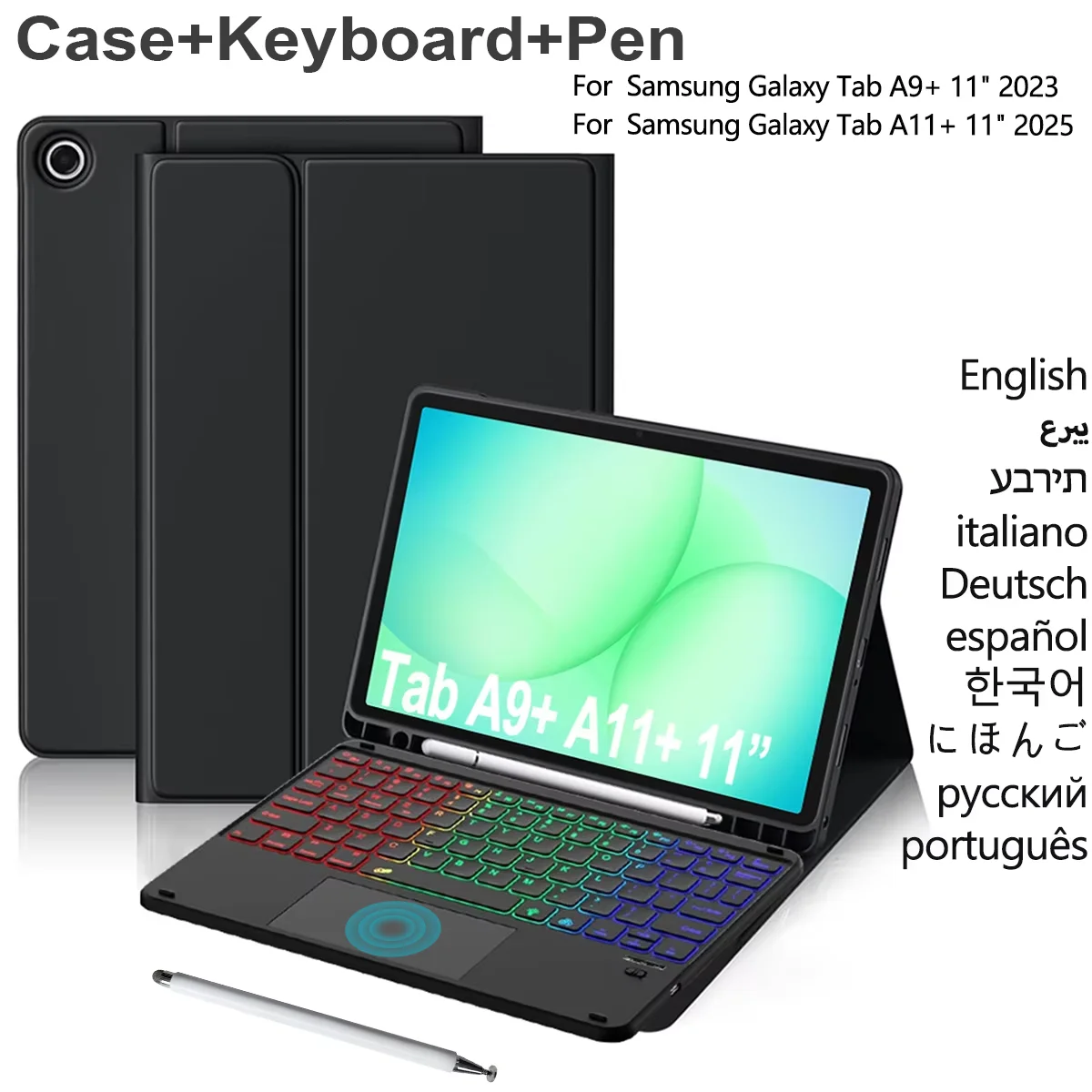 Case Keyboard for Samsung Galaxy Tab A11+/A9+ Plus 2025/2023 Magnetic Keyboard Cover with Multi-Touch Trackpad Backlit Stylus