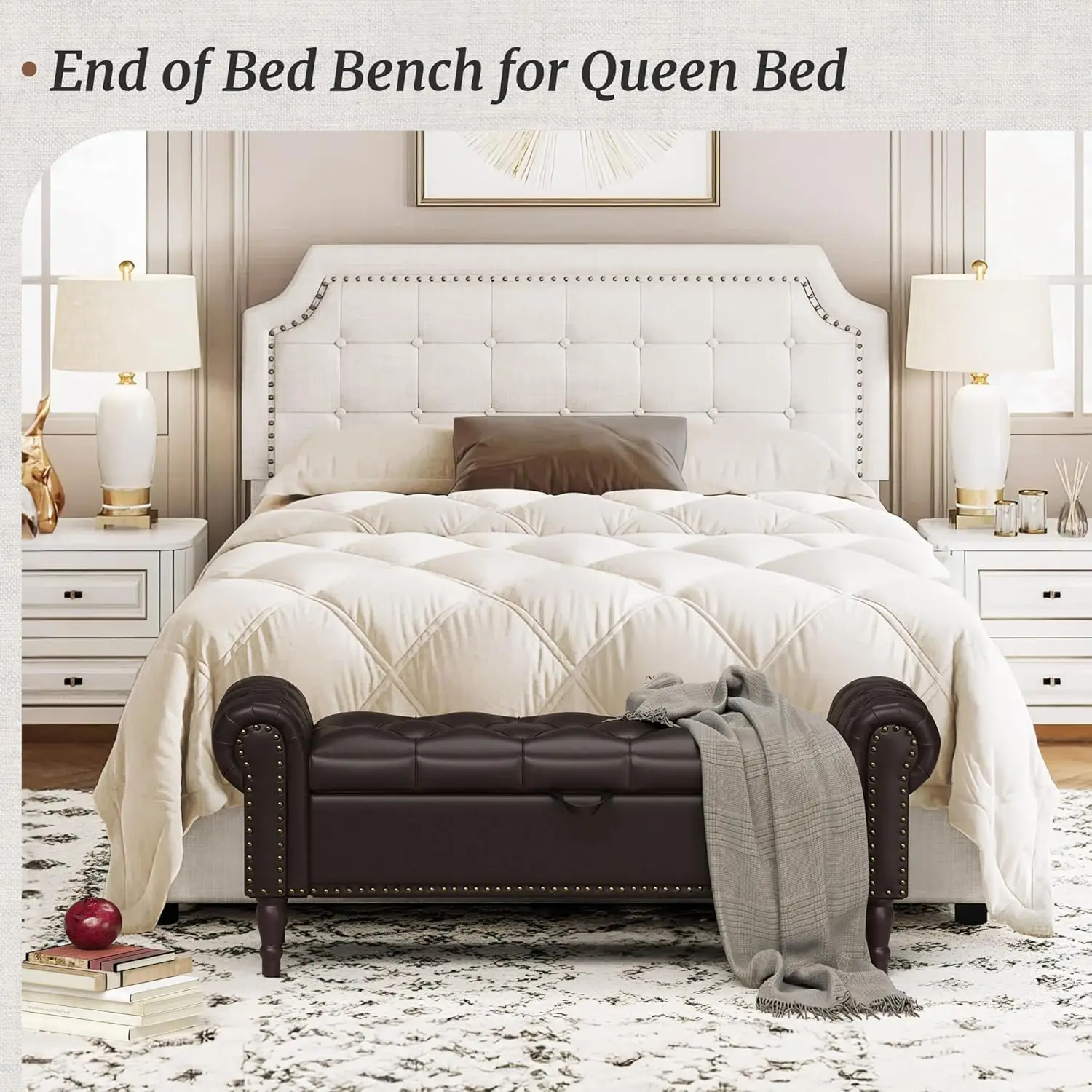 50”Queen Faux Leather Tufted Button End of Bed Bench with Rolled Arm and Nailhead Trim, Upholstered Bedroom Bench, Ottoman Bench