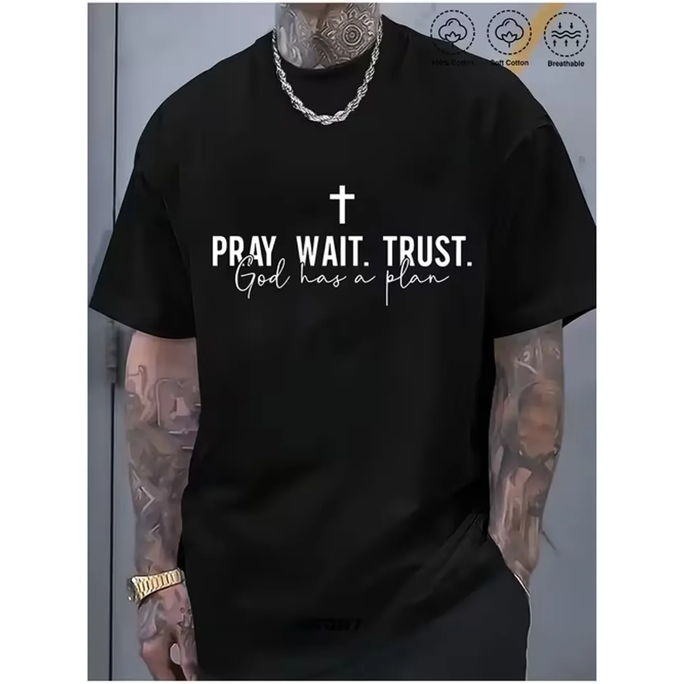 Mens Style T Shirt Made Of Cotton With A Cross Printed Short Sleeved Casual Summer T Shirt That Pray Wait Believe In It Features A Religious Message Shirt Breathable Fabric Durable Printing Loose Fit Suitable For Summer Wear