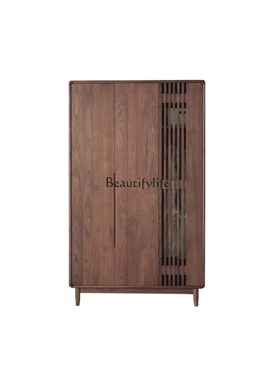 

North American black walnut pure solid wood wardrobe Nordic simple grille door cabinet