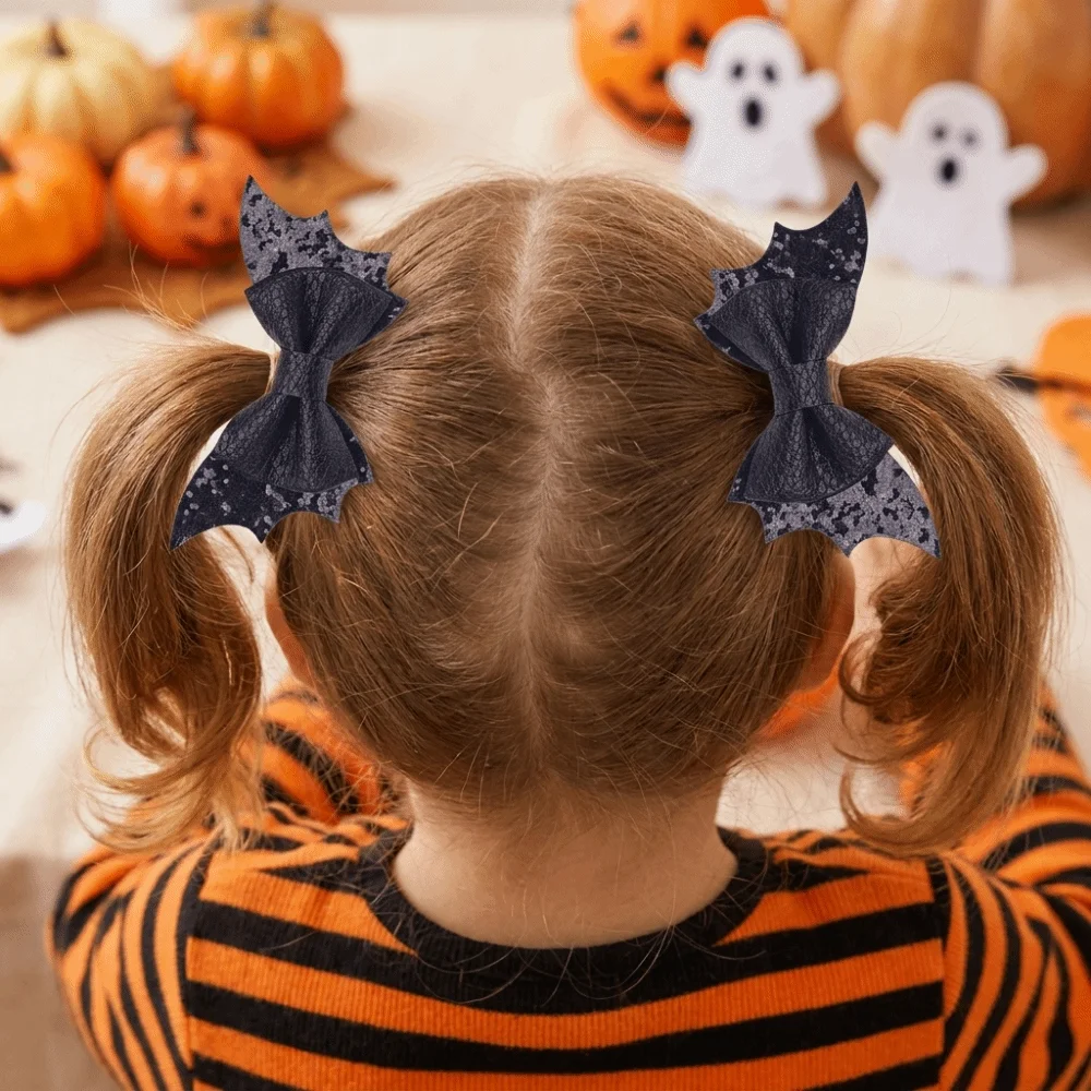 2 pcs/set Bow Bat Wing Hair Clips Double Layered Black Color Halloween Barrettes Unique Glitter Sequins Hairpin College Style